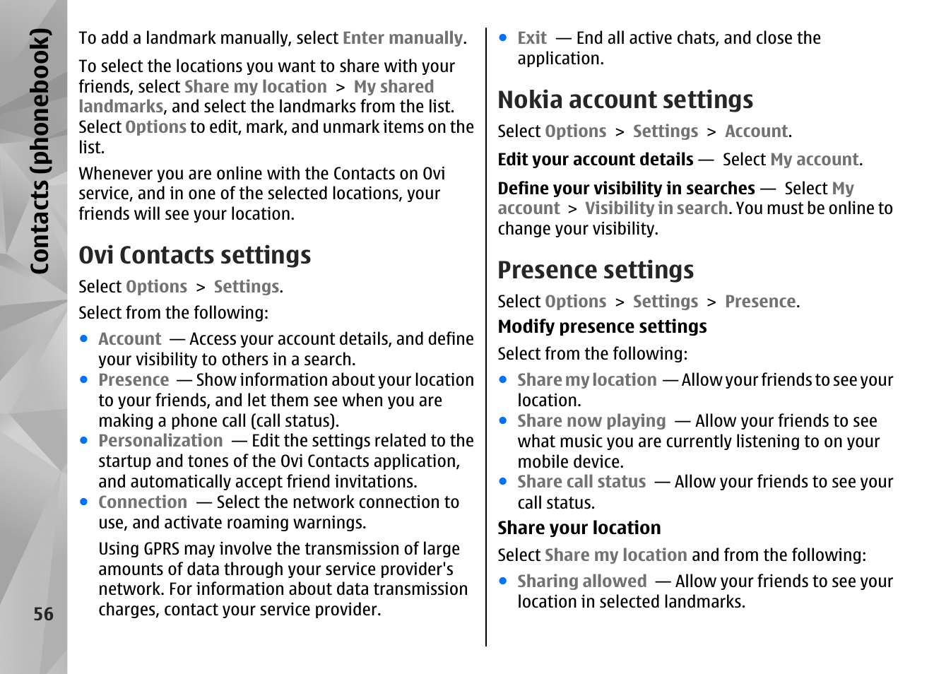 Ovi contacts settings, Nokia account settings, Presence settings | Contacts (phone boo k) | Nokia N97 User Manual | Page 56 / 357