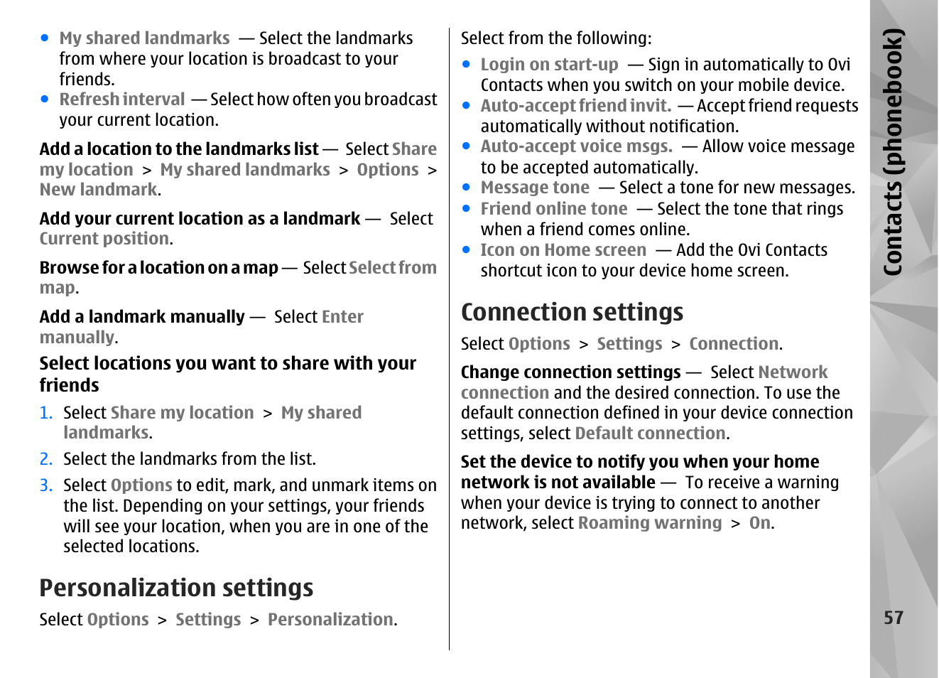 Personalization settings, Connection settings, Contacts (phone boo k) | Nokia N97 User Manual | Page 57 / 357
