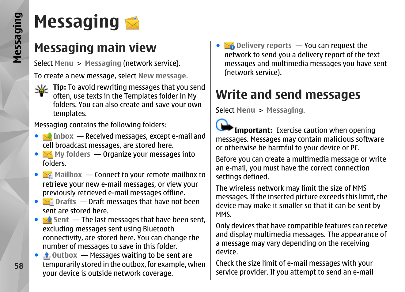 Messaging, Messaging main view, Write and send messages | Nokia N97 User Manual | Page 58 / 357