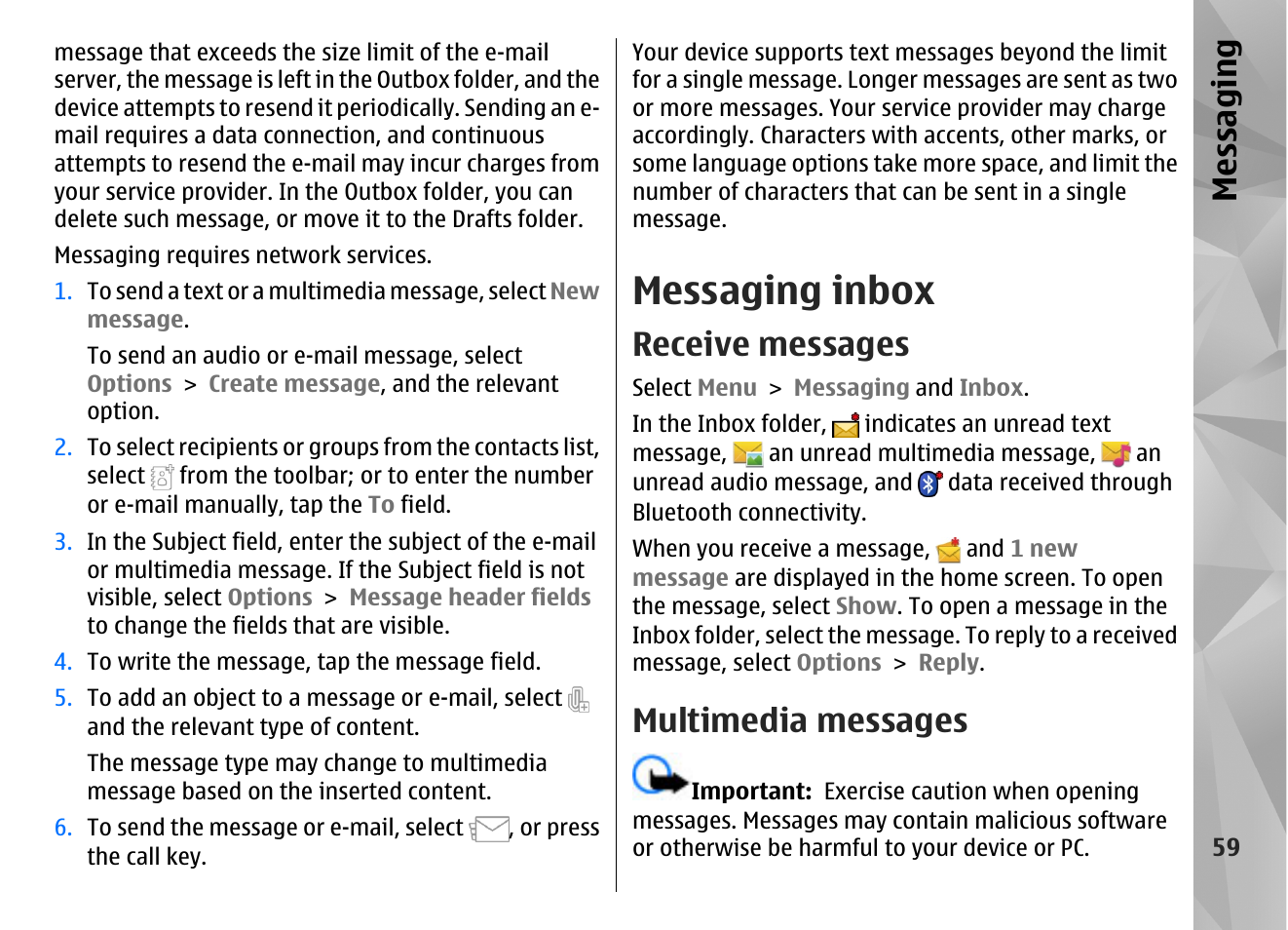 Messaging inbox, Receive messages, Multimedia messages | Messaging | Nokia N97 User Manual | Page 59 / 357