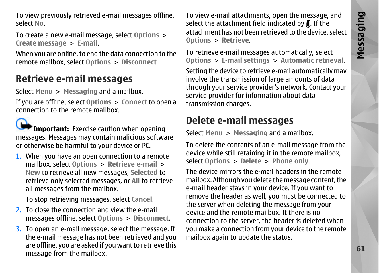 Retrieve e-mail messages, Delete e-mail messages, Messaging | Nokia N97 User Manual | Page 61 / 357