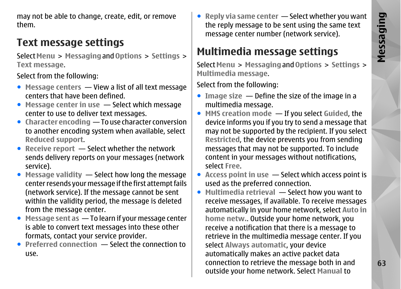Text message settings, Multimedia message settings, Messaging | Nokia N97 User Manual | Page 63 / 357