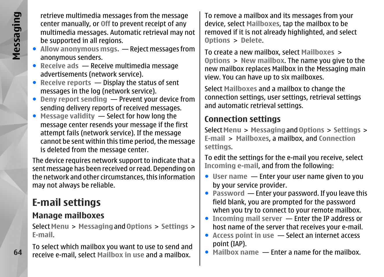 E-mail settings, Manage mailboxes, Connection settings | Messaging | Nokia N97 User Manual | Page 64 / 357