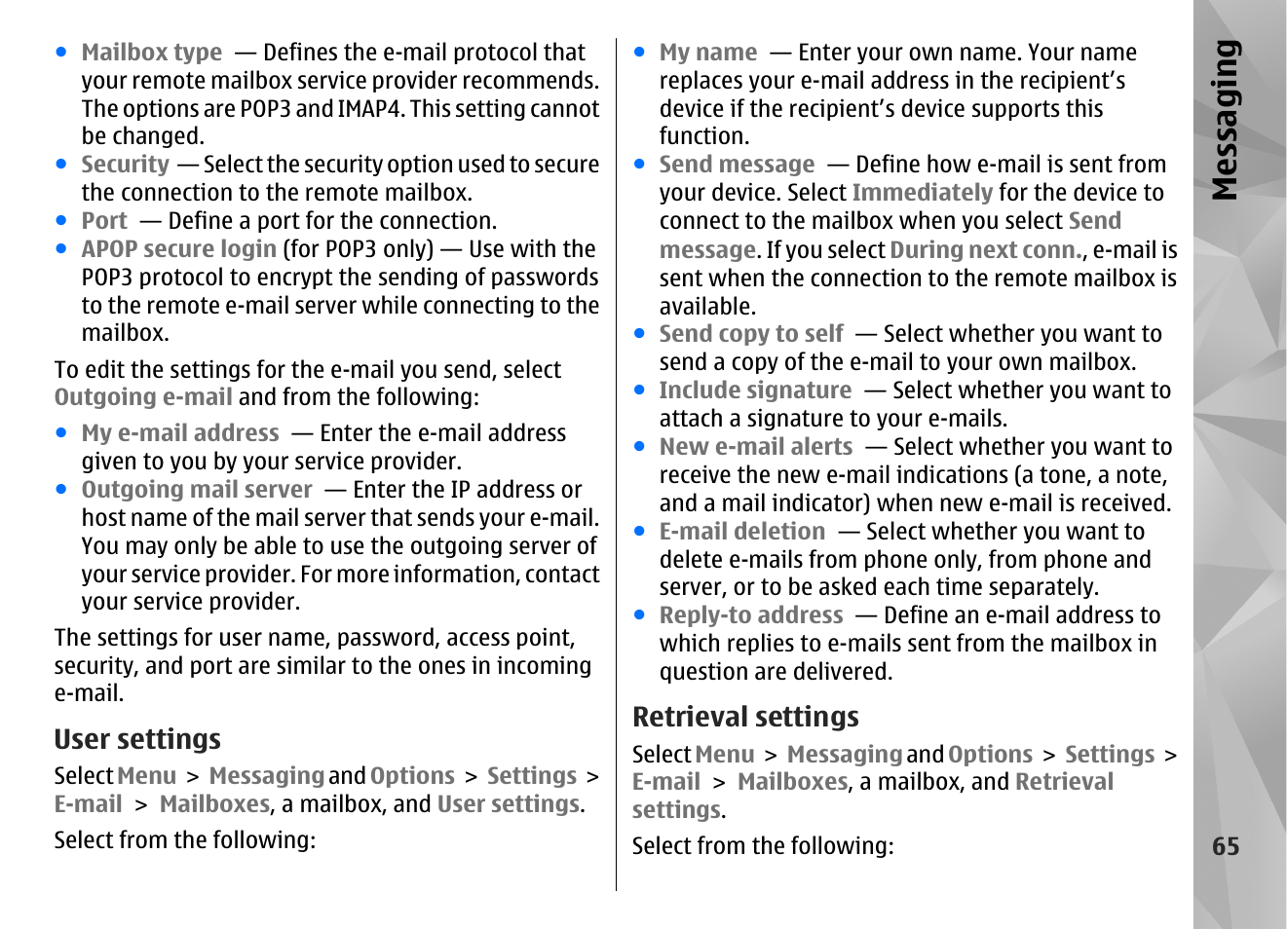 User settings, Retrieval settings, Messaging | Nokia N97 User Manual | Page 65 / 357