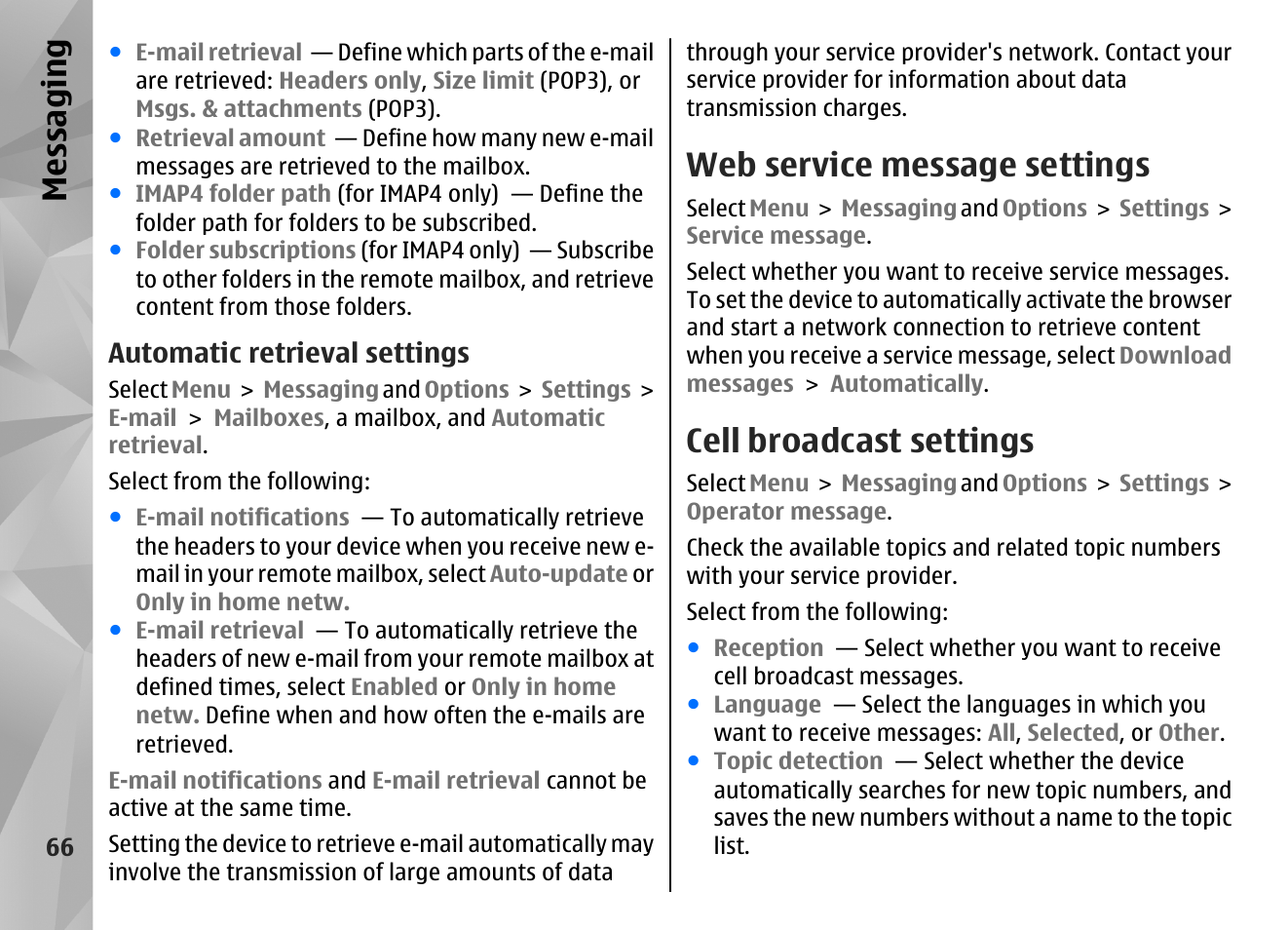 Automatic retrieval settings, Web service message settings, Cell broadcast settings | Messaging | Nokia N97 User Manual | Page 66 / 357
