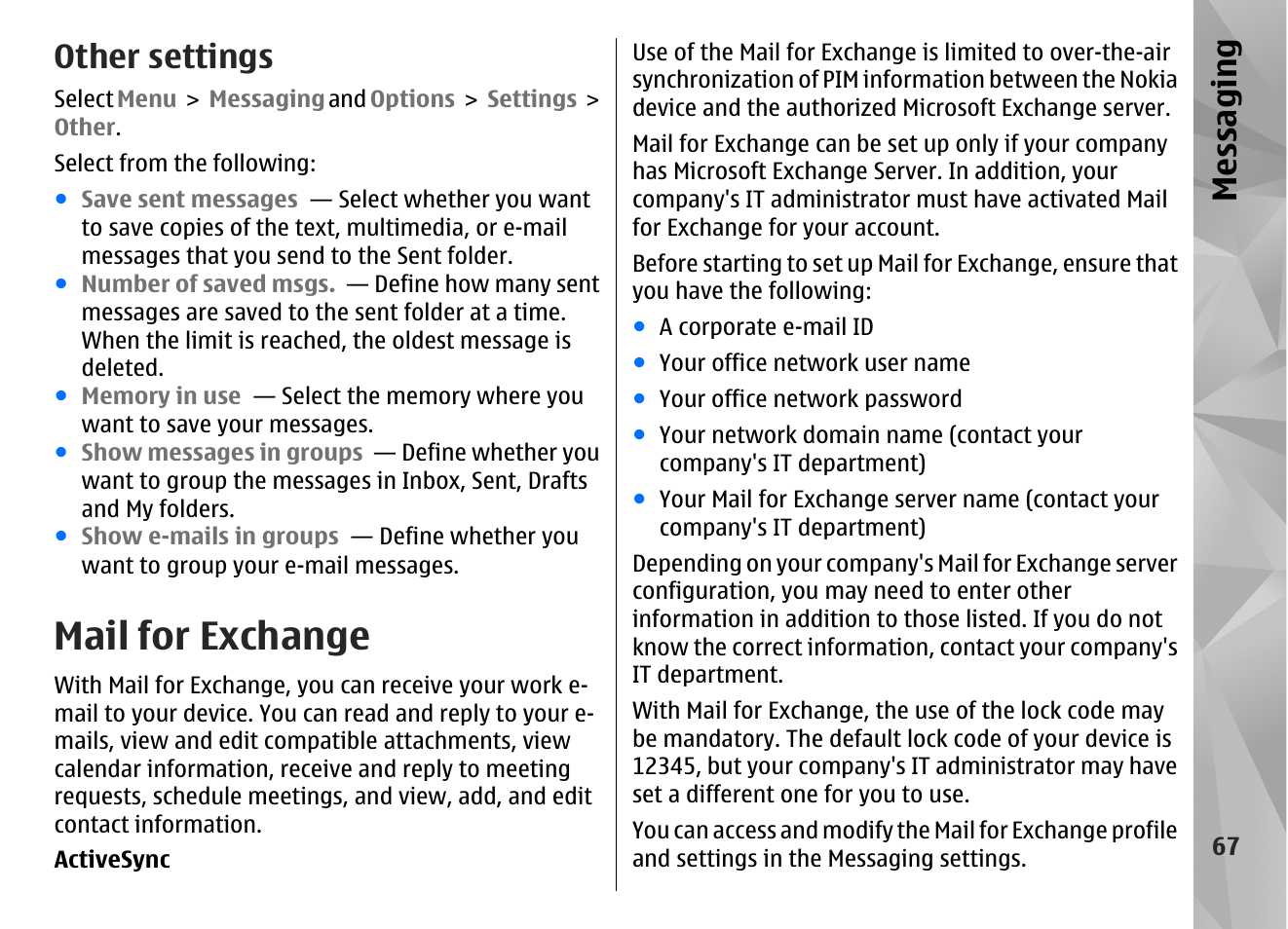 Other settings, Mail for exchange, Messaging | Nokia N97 User Manual | Page 67 / 357