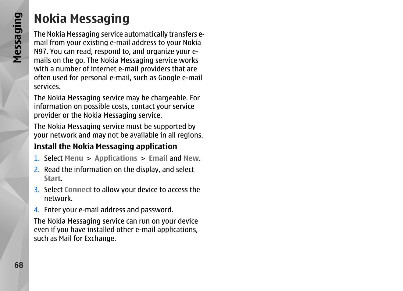Nokia messaging, Messaging | Nokia N97 User Manual | Page 68 / 357