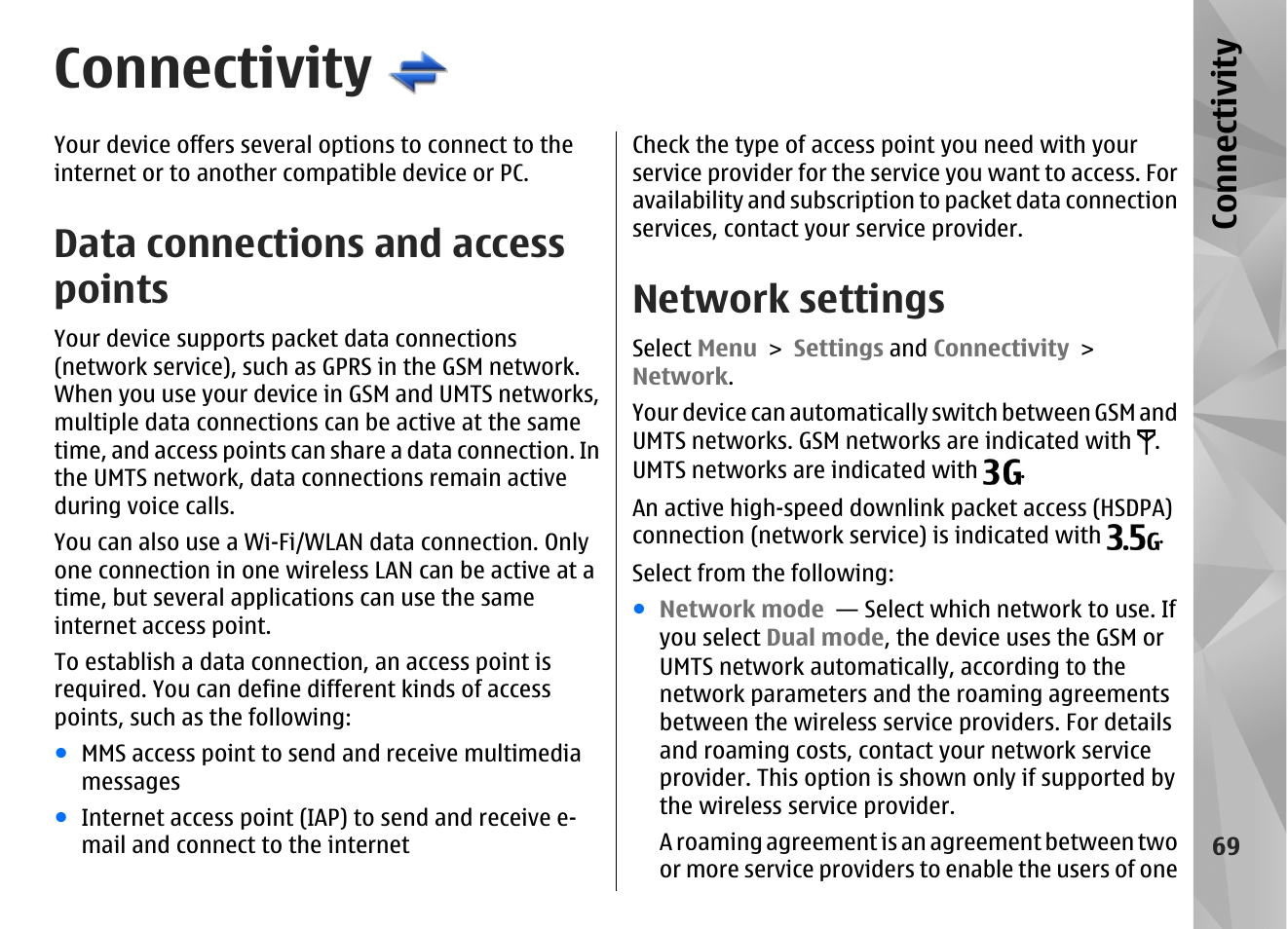 Connectivity, Data connections and access points, Network settings | Co nnect ivi ty | Nokia N97 User Manual | Page 69 / 357