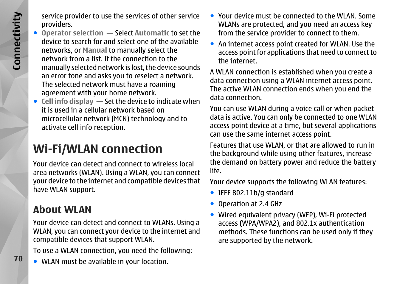 Wi-fi/wlan connection, About wlan, Co nnect ivi ty | Nokia N97 User Manual | Page 70 / 357