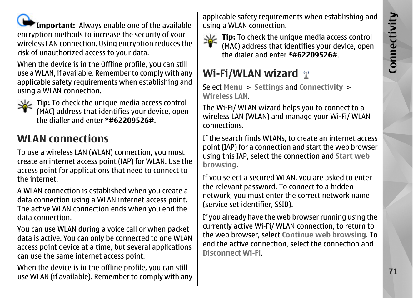 Wlan connections, Wi-fi/wlan wizard, Co nnect ivi ty | Nokia N97 User Manual | Page 71 / 357