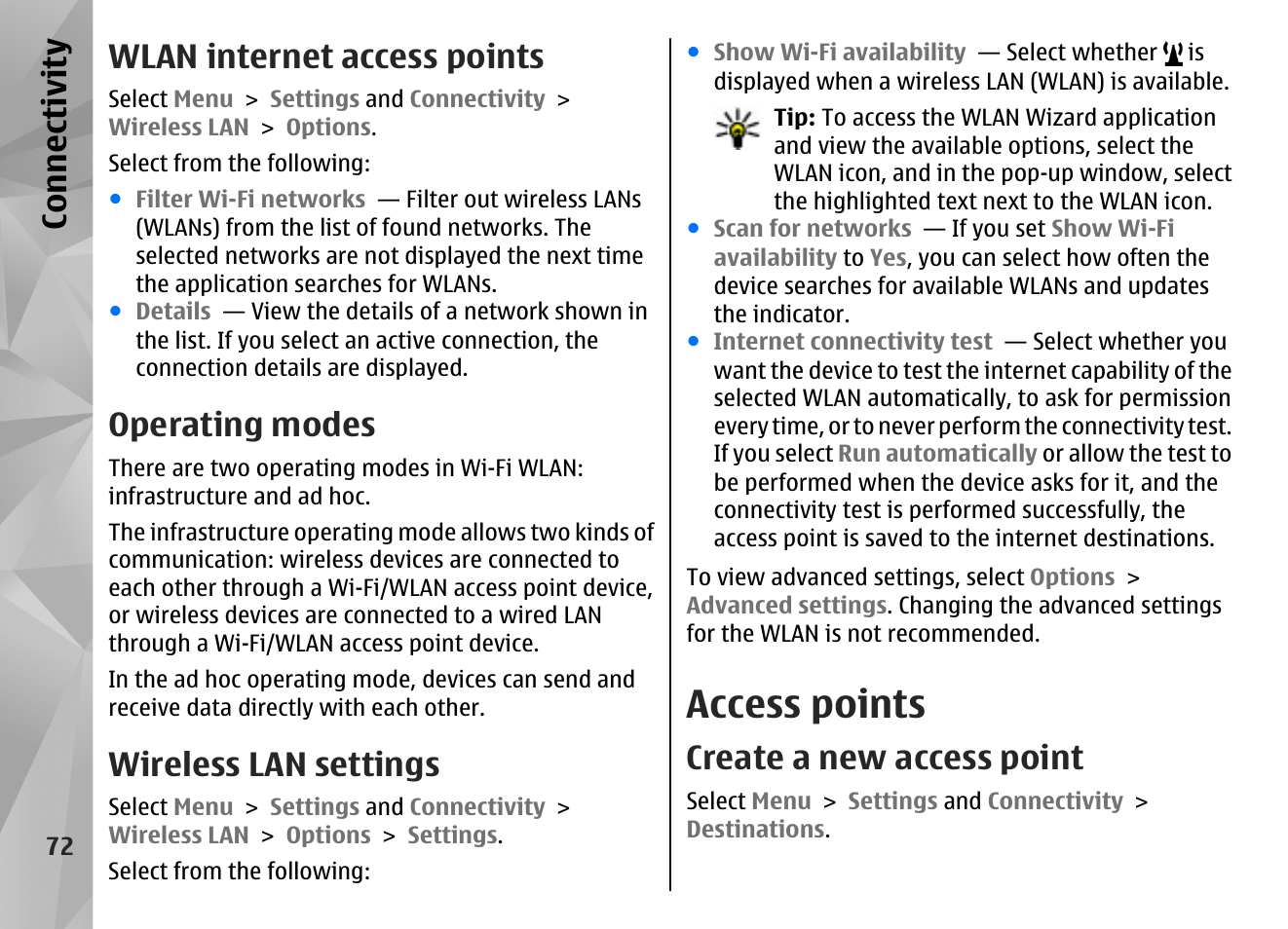 Wlan internet access points, Operating modes, Wireless lan settings | Access points, Create a new access point, Co nnect ivi ty | Nokia N97 User Manual | Page 72 / 357
