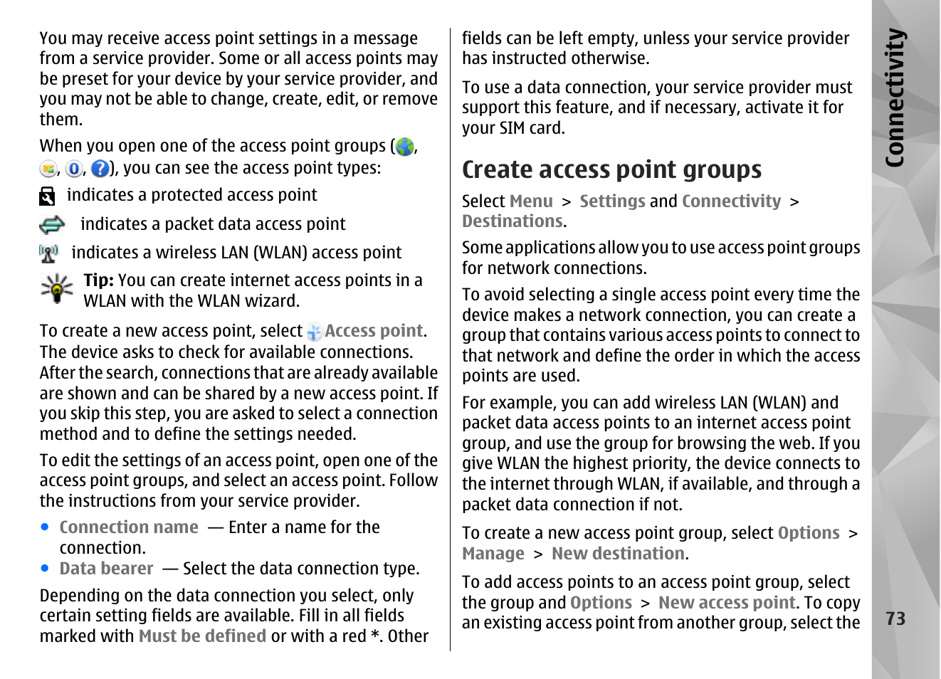 Create access point groups, Co nnect ivi ty | Nokia N97 User Manual | Page 73 / 357