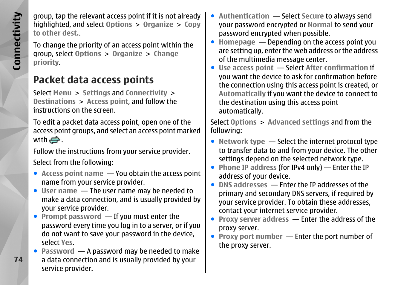 Packet data access points, Co nnect ivi ty | Nokia N97 User Manual | Page 74 / 357