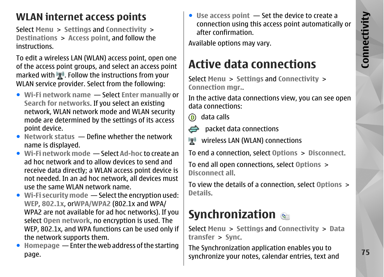 Wlan internet access points, Active data connections, Synchronization | Co nnect ivi ty | Nokia N97 User Manual | Page 75 / 357