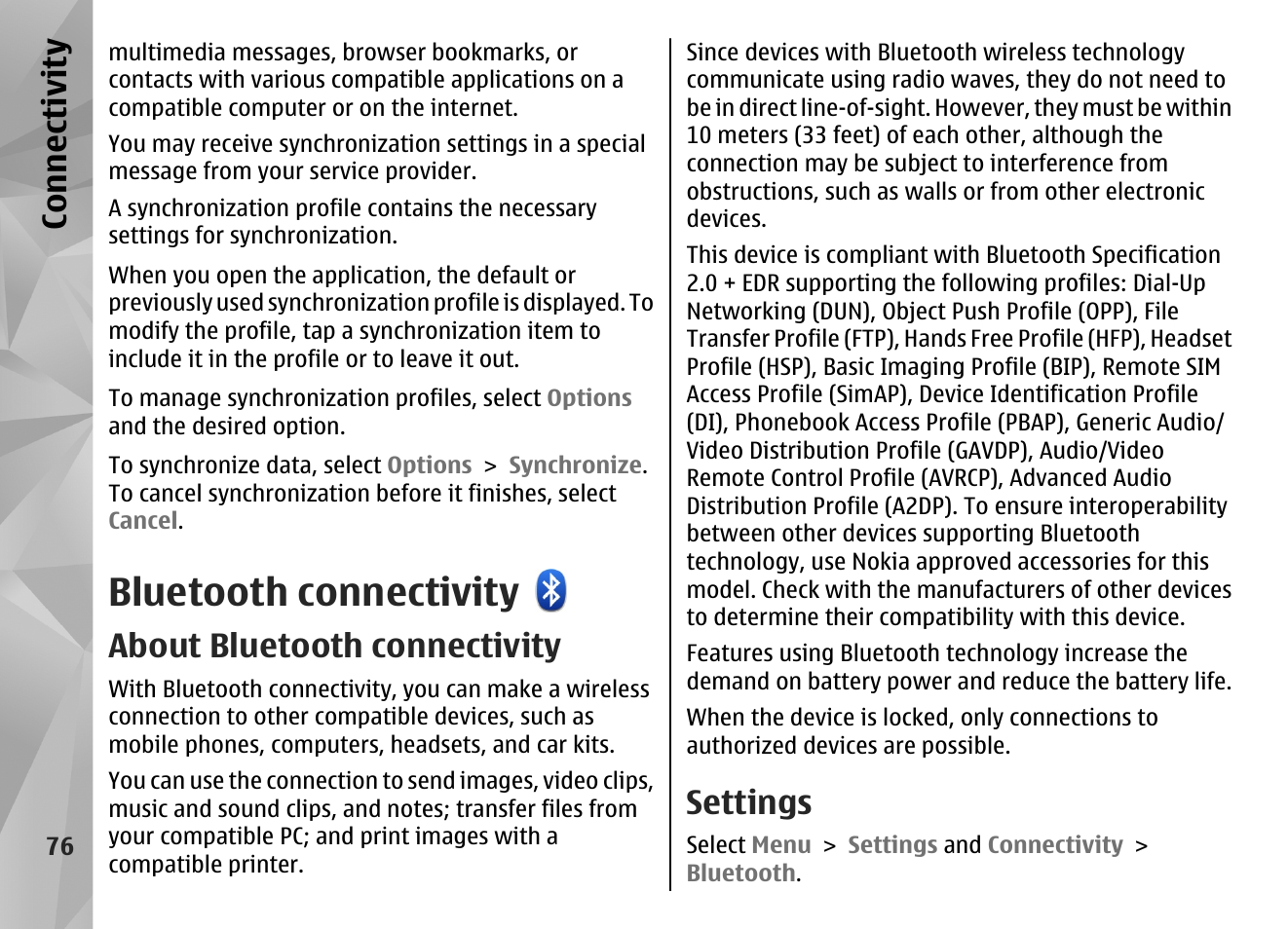 Bluetooth connectivity, About bluetooth connectivity, Settings | Co nnect ivi ty | Nokia N97 User Manual | Page 76 / 357