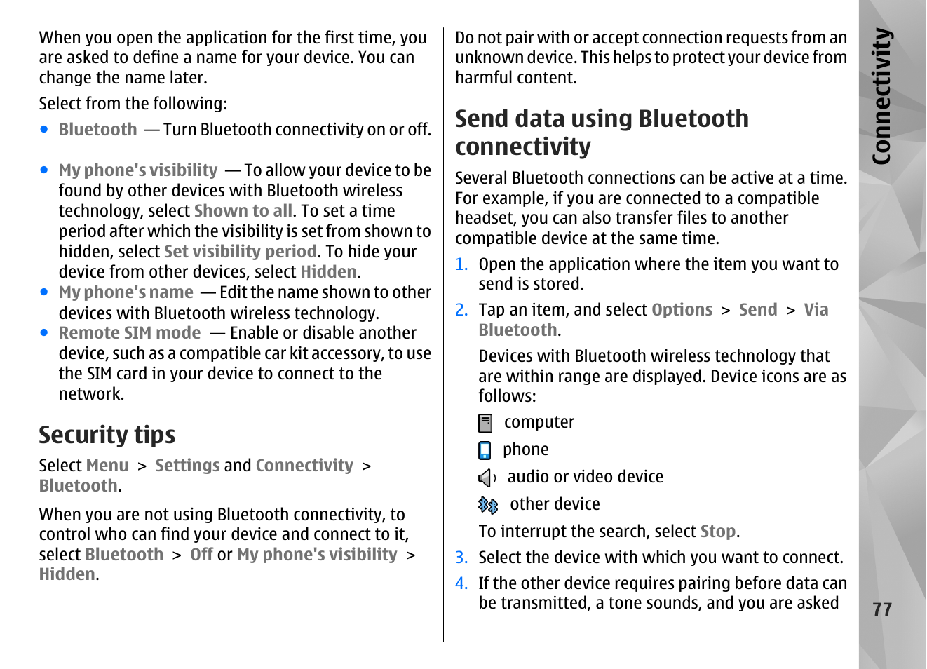 Security tips, Send data using bluetooth connectivity, Co nnect ivi ty | Nokia N97 User Manual | Page 77 / 357