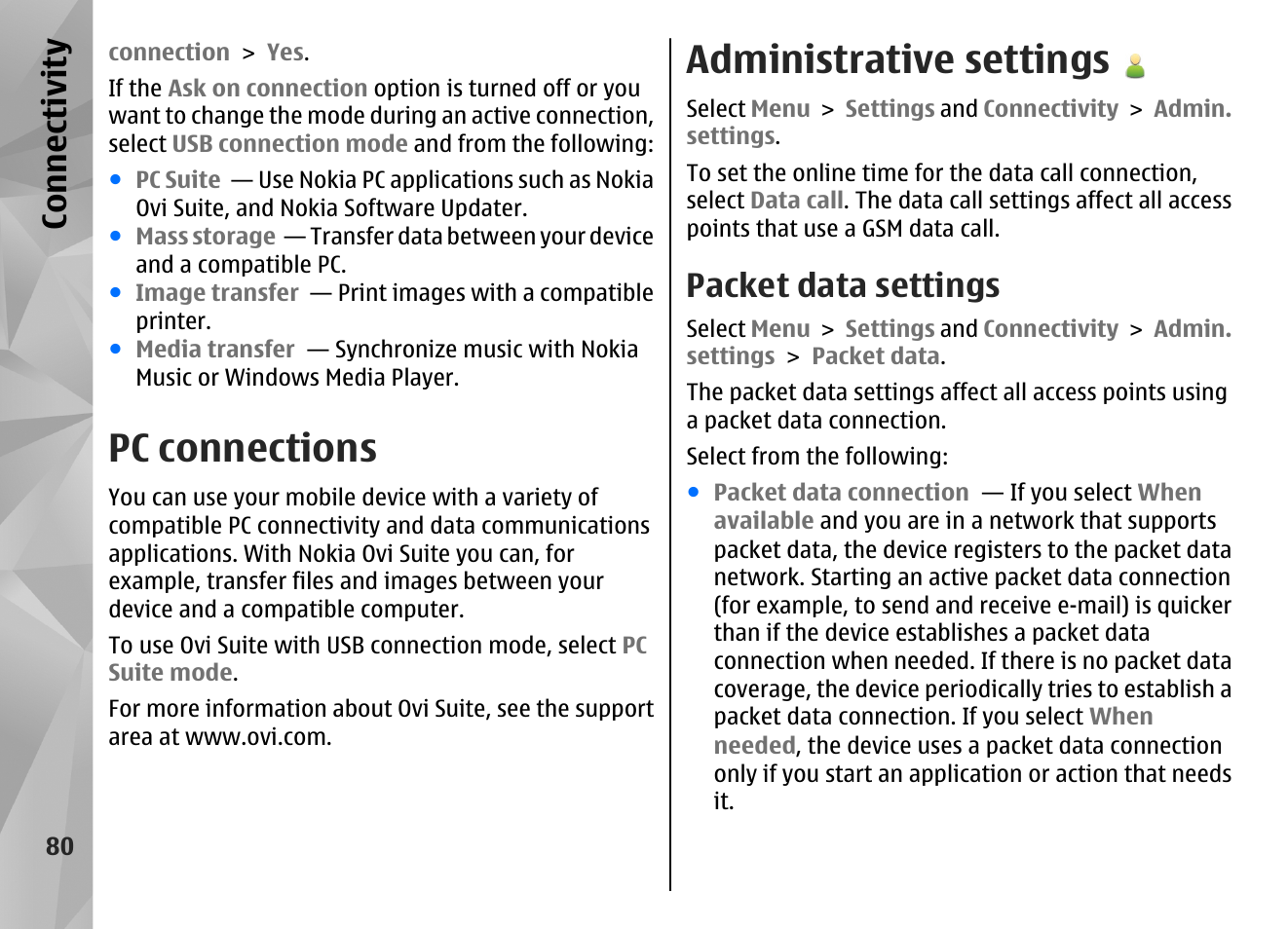 Pc connections, Administrative settings, Packet data settings | Co nnect ivi ty | Nokia N97 User Manual | Page 80 / 357