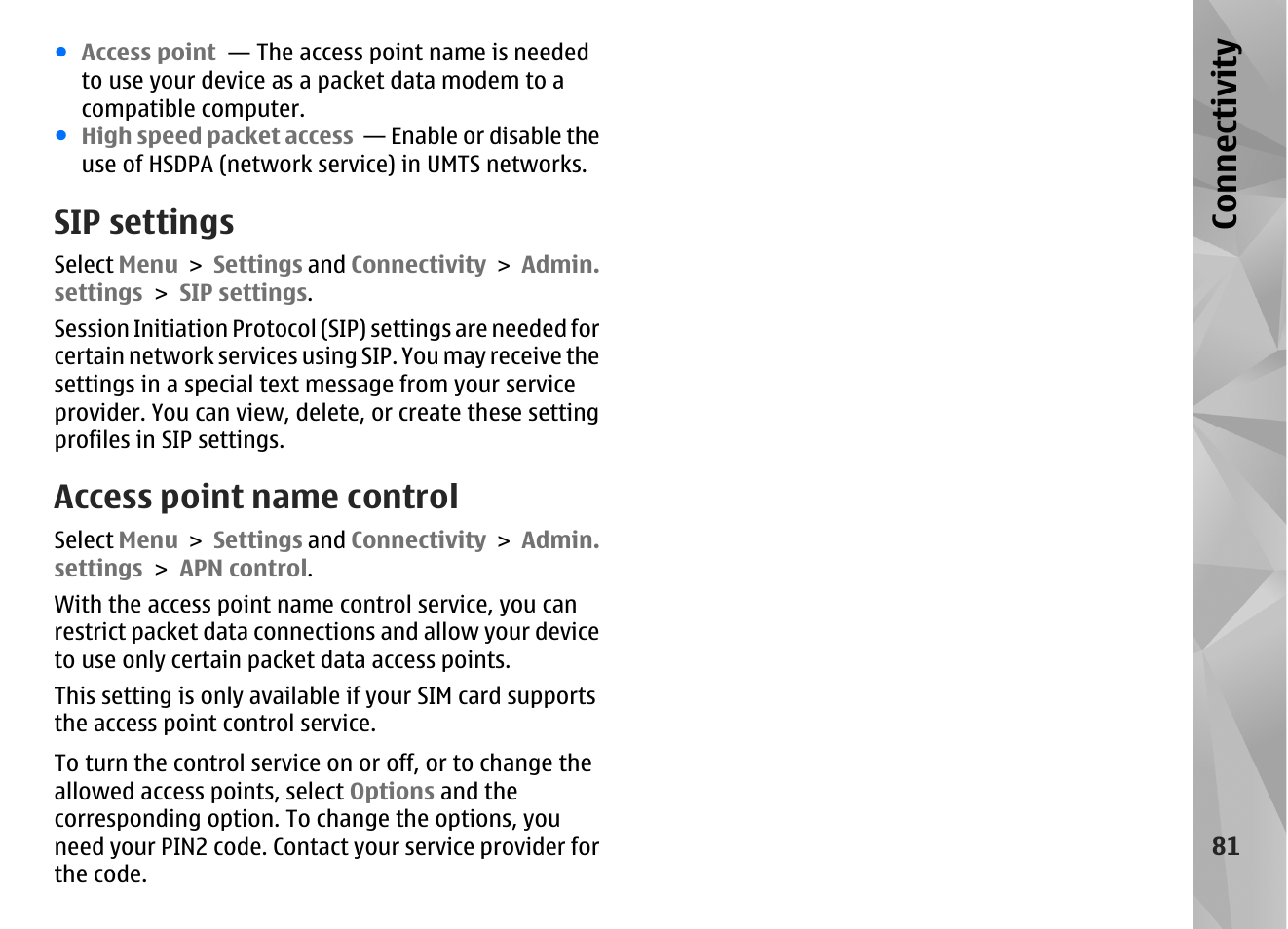Sip settings, Access point name control, Co nnect ivi ty | Nokia N97 User Manual | Page 81 / 357