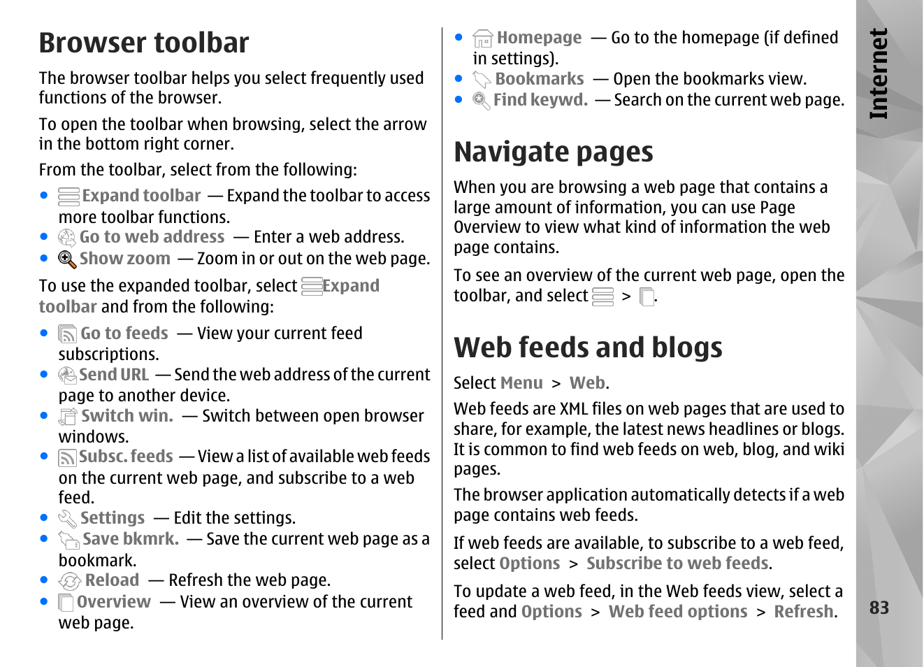 Browser toolbar, Web feeds and blogs, Navigate pages | Internet | Nokia N97 User Manual | Page 83 / 357