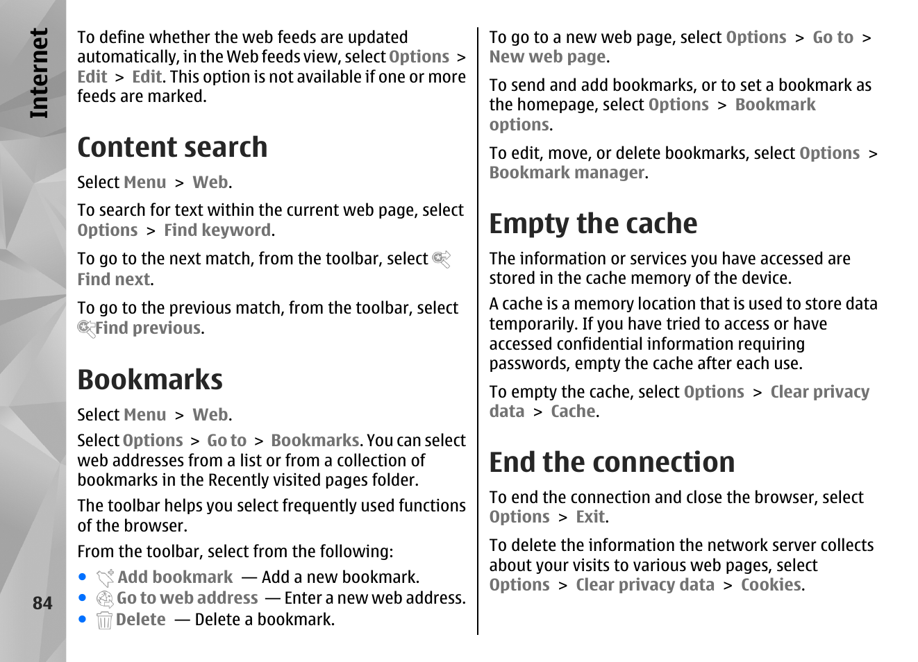 Content search, Bookmarks, Empty the cache | End the connection, Internet | Nokia N97 User Manual | Page 84 / 357