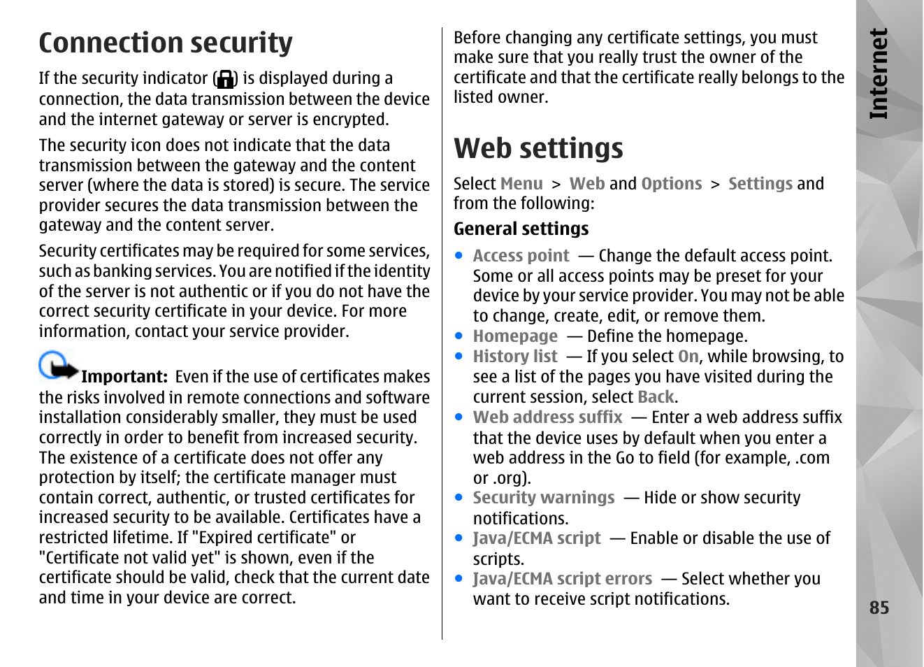 Connection security, Web settings, Internet | Nokia N97 User Manual | Page 85 / 357