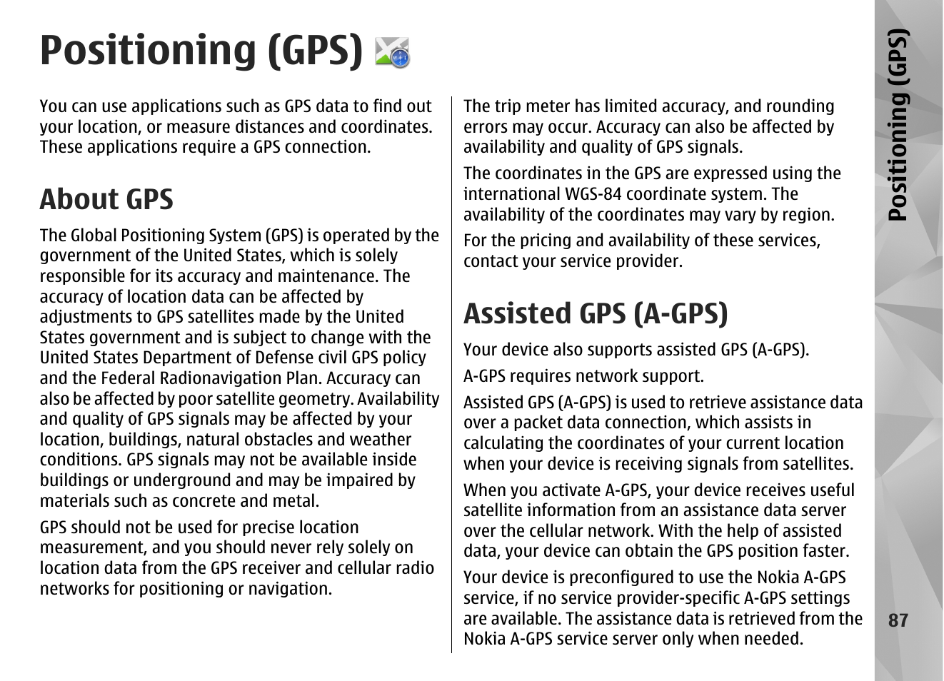 Positioning (gps), About gps, Assisted gps (a-gps) | Nokia N97 User Manual | Page 87 / 357