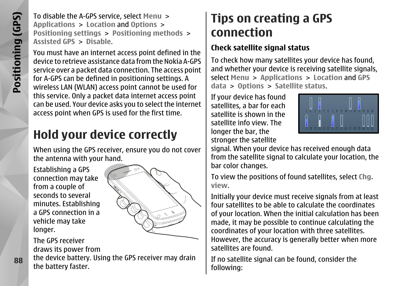 Hold your device correctly, Tips on creating a gps connection, Positioning (gps) | Nokia N97 User Manual | Page 88 / 357