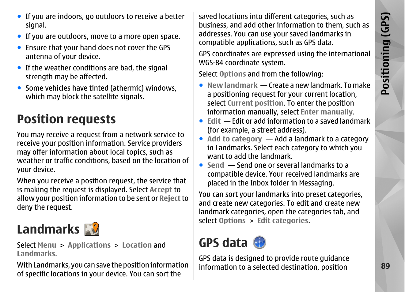 Position requests, Landmarks, Gps data | Positioning (gps) | Nokia N97 User Manual | Page 89 / 357