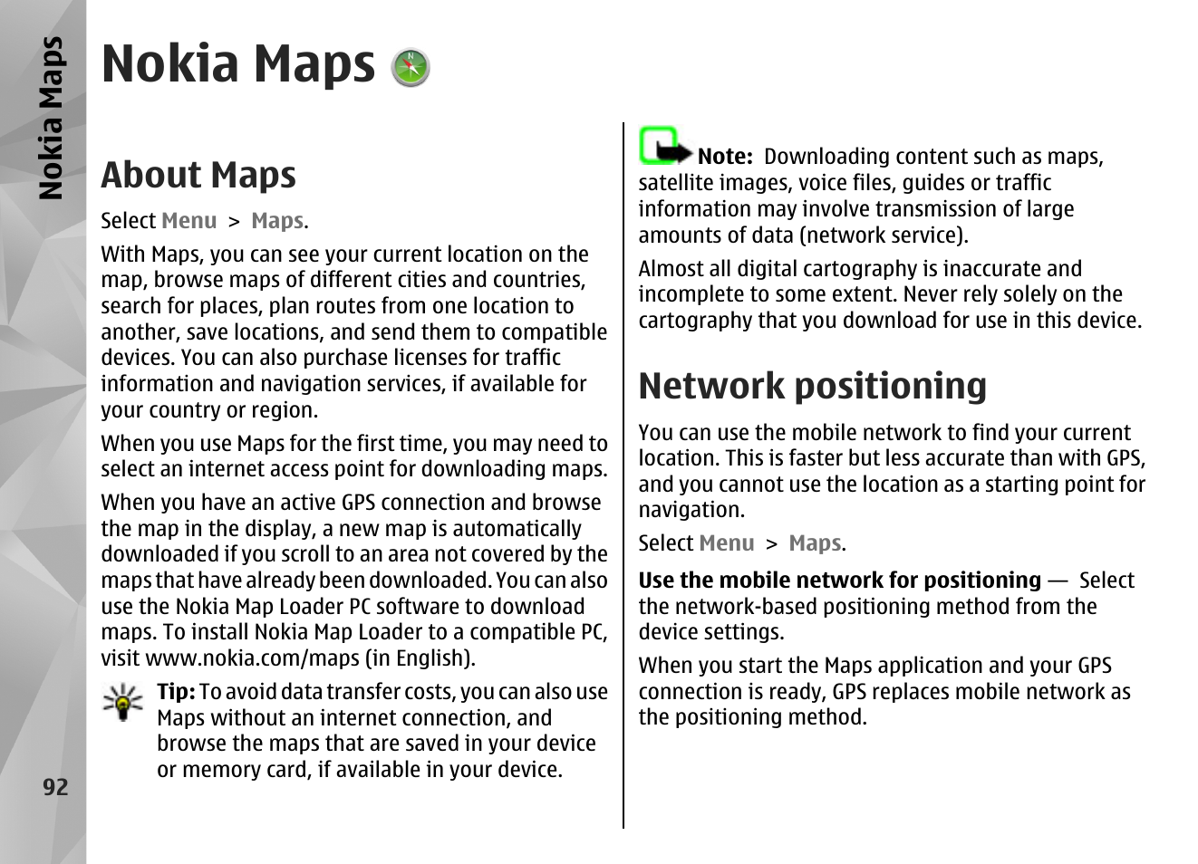 Nokia maps, About maps, Network positioning | Nokia N97 User Manual | Page 92 / 357