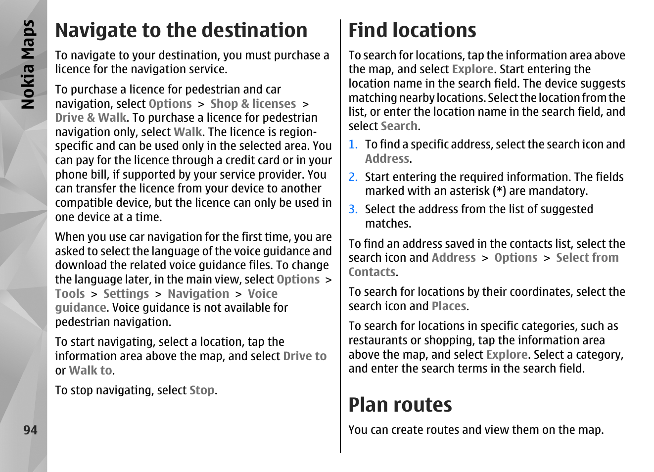 Navigate to the destination, Find locations, Plan routes | Nokia maps | Nokia N97 User Manual | Page 94 / 357