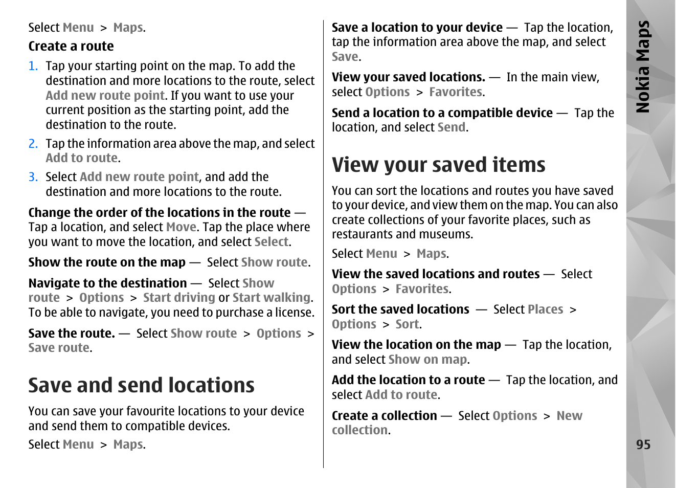 Save and send locations, View your saved items, Nokia maps | Nokia N97 User Manual | Page 95 / 357