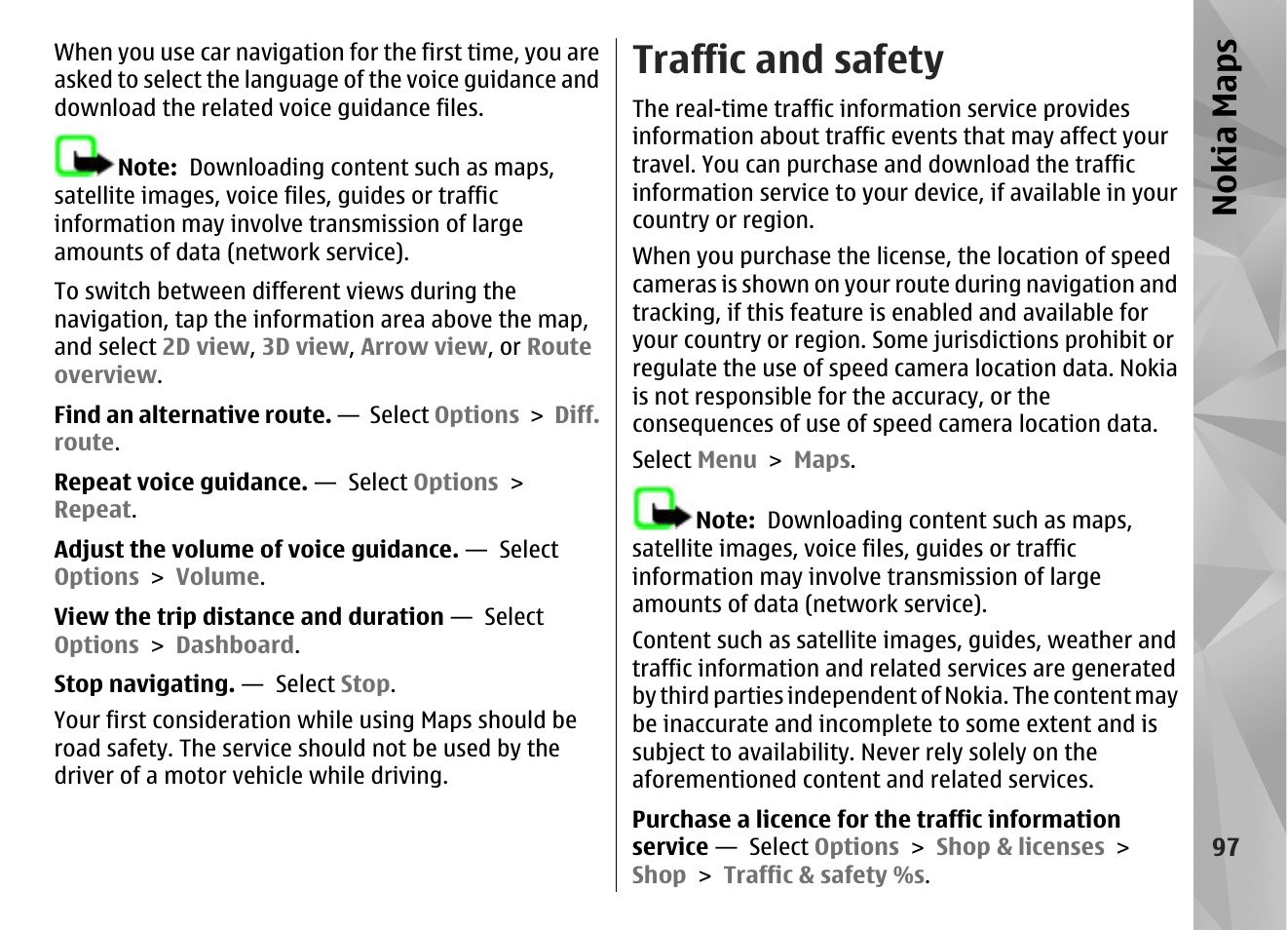Traffic and safety, Nokia maps | Nokia N97 User Manual | Page 97 / 357