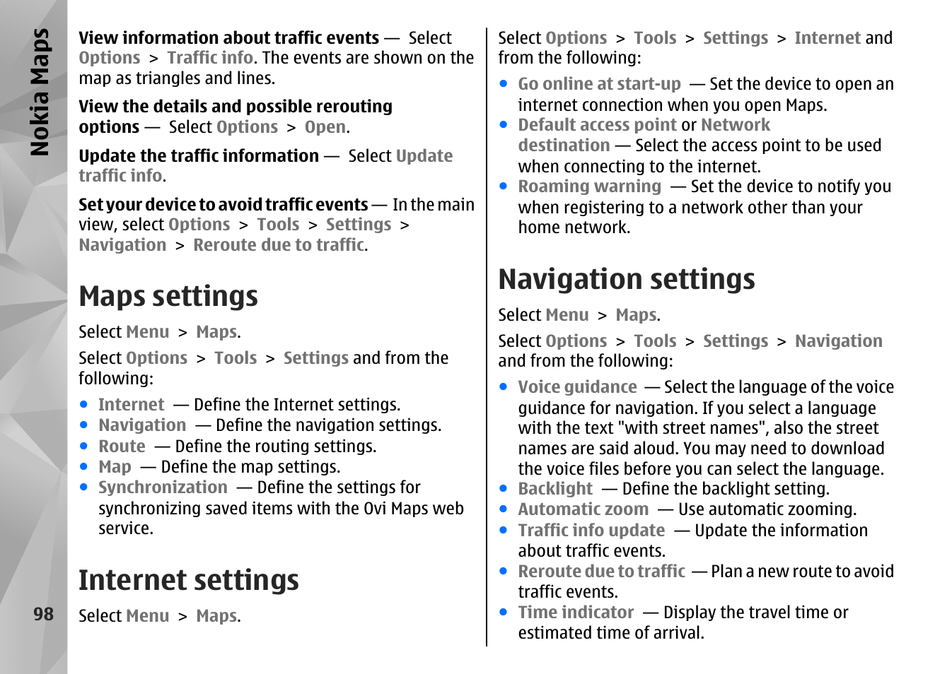Maps settings, Internet settings, Navigation settings | Nokia maps | Nokia N97 User Manual | Page 98 / 357