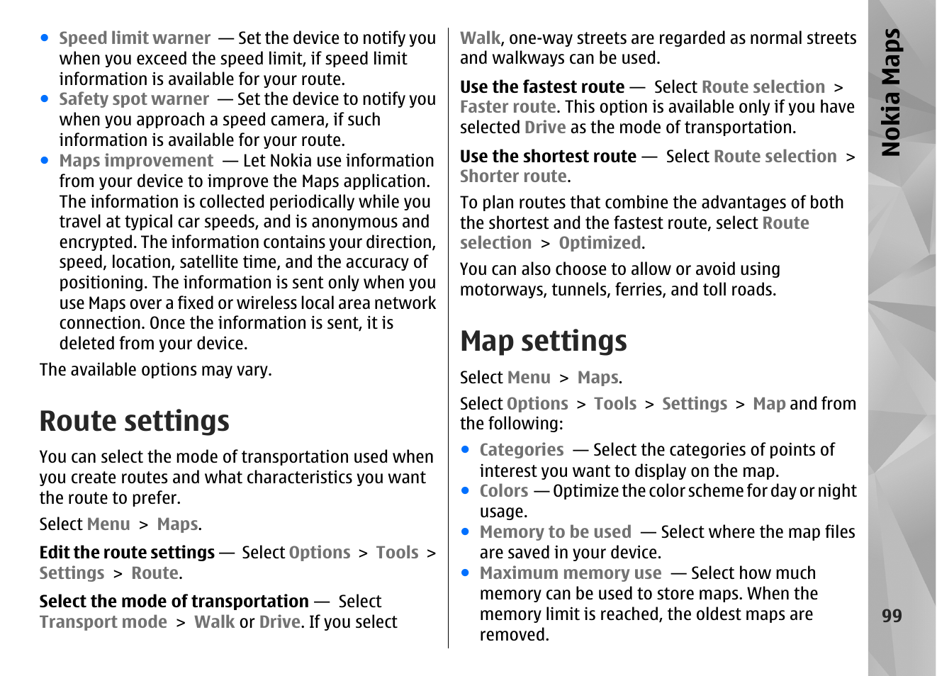 Route settings, Map settings, Nokia maps | Nokia N97 User Manual | Page 99 / 357