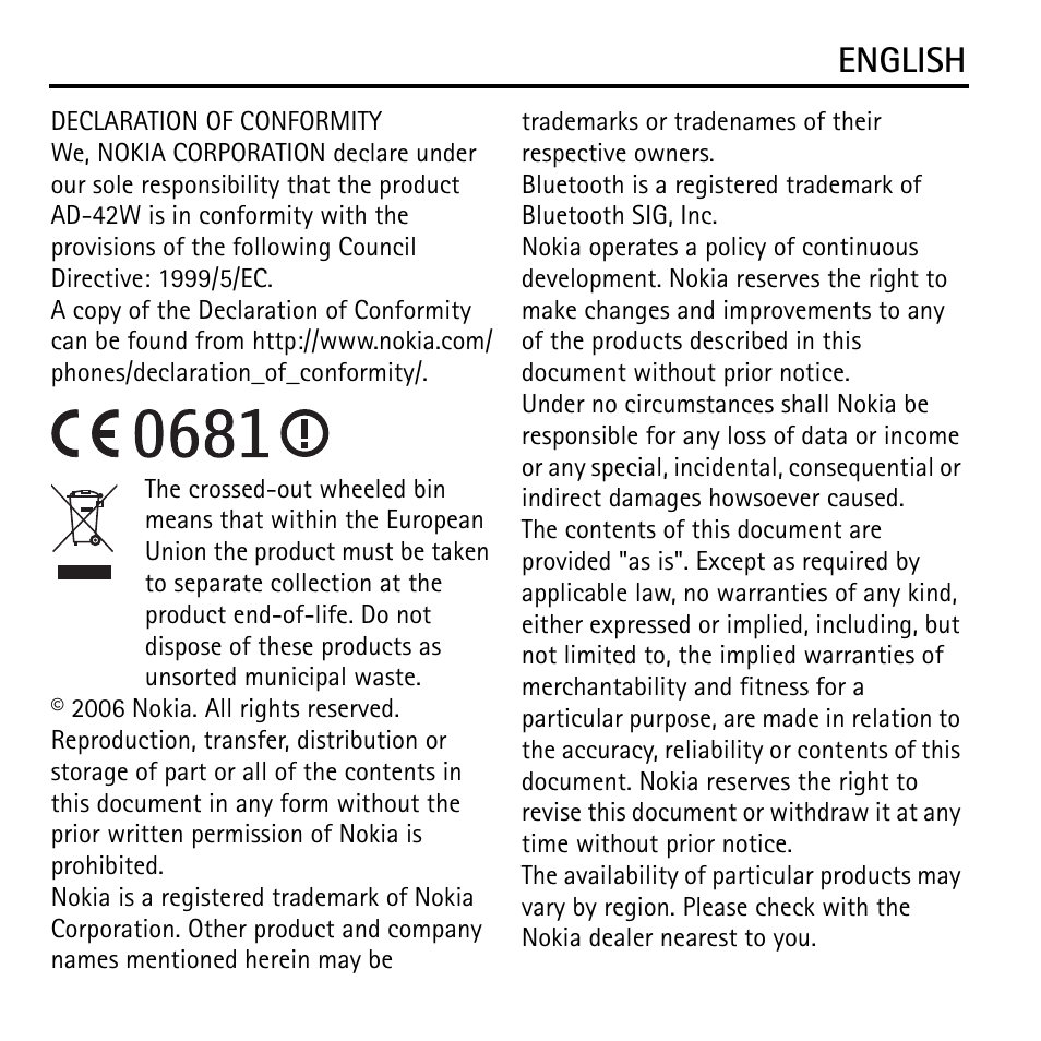 English | Nokia Wireless Audio Gateway AD-42W User Manual | Page 2 / 7