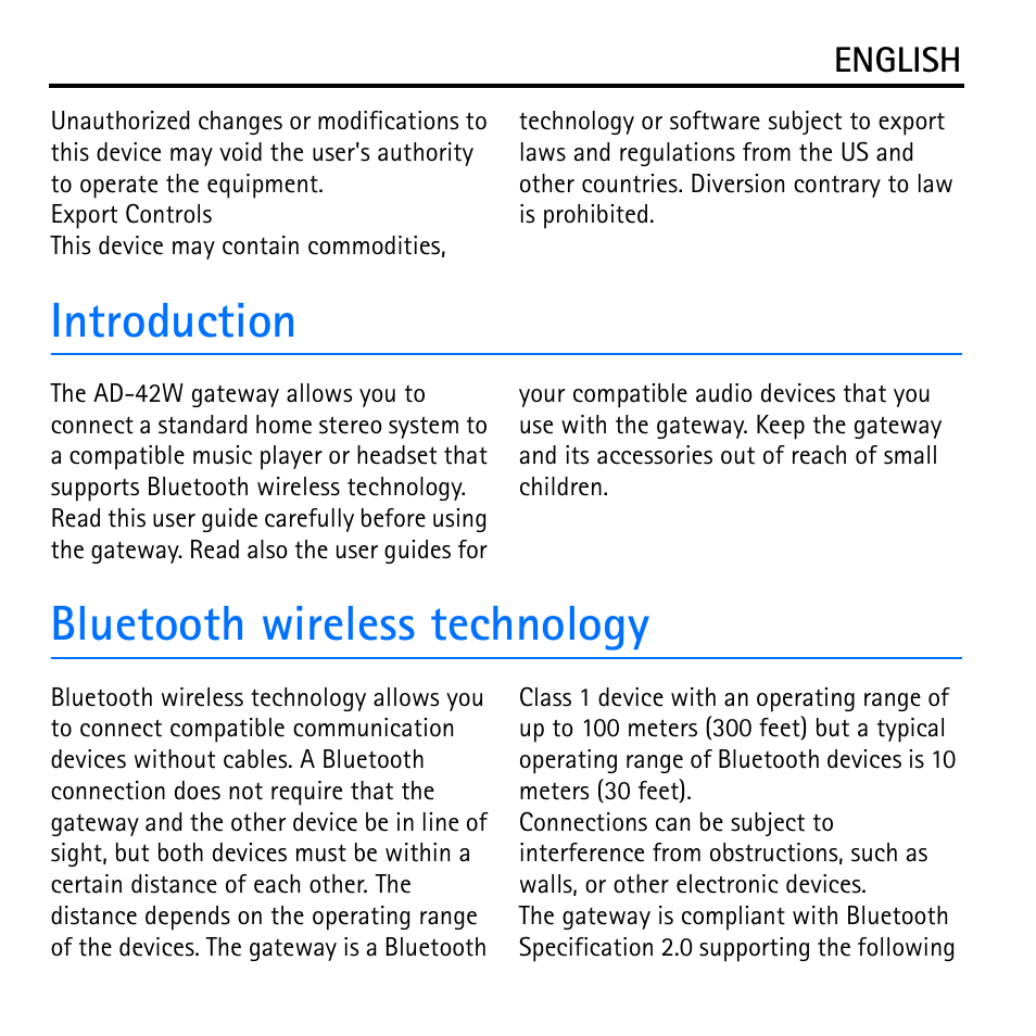 Introduction, Bluetooth wireless technology | Nokia Wireless Audio Gateway AD-42W User Manual | Page 3 / 7