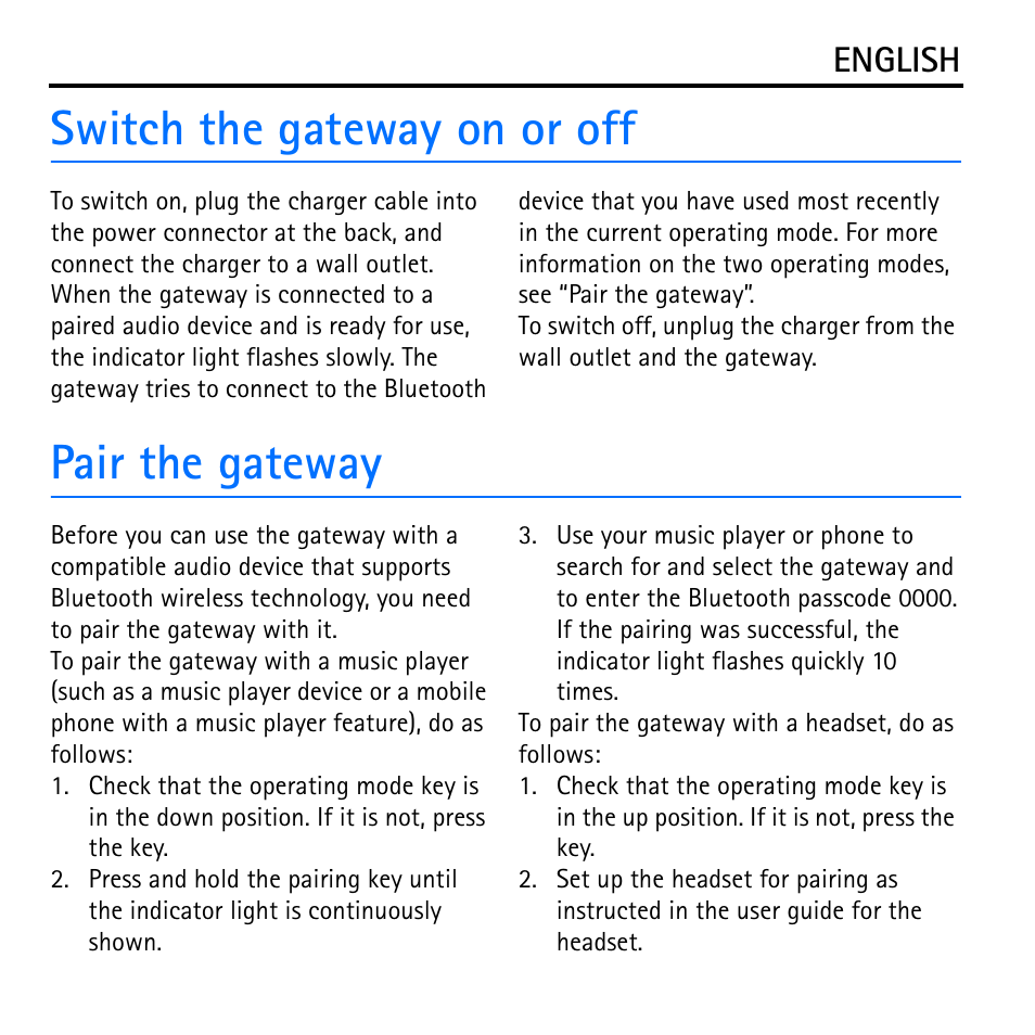 Switch the gateway on or off, Pair the gateway | Nokia Wireless Audio Gateway AD-42W User Manual | Page 5 / 7