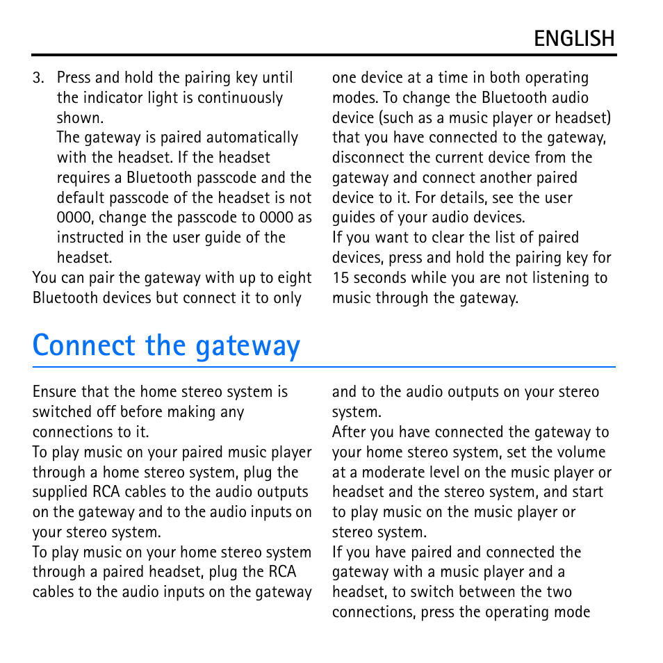 Connect the gateway | Nokia Wireless Audio Gateway AD-42W User Manual | Page 6 / 7
