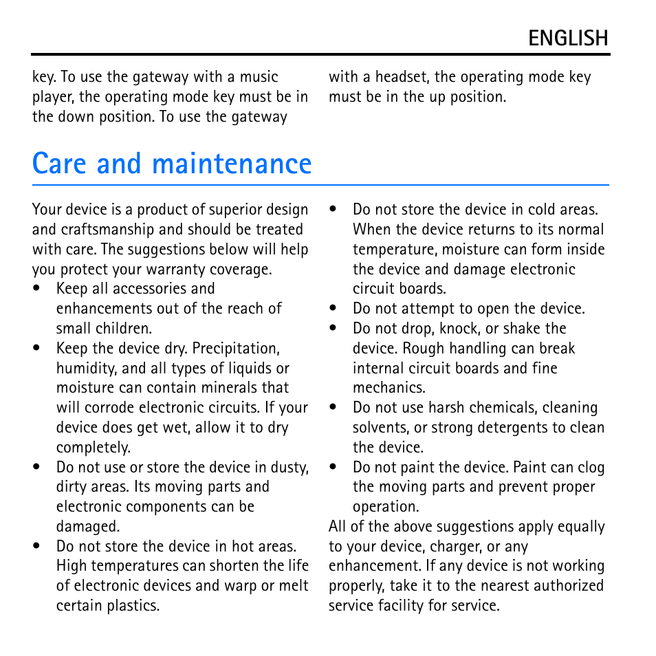 Care and maintenance, English | Nokia Wireless Audio Gateway AD-42W User Manual | Page 7 / 7