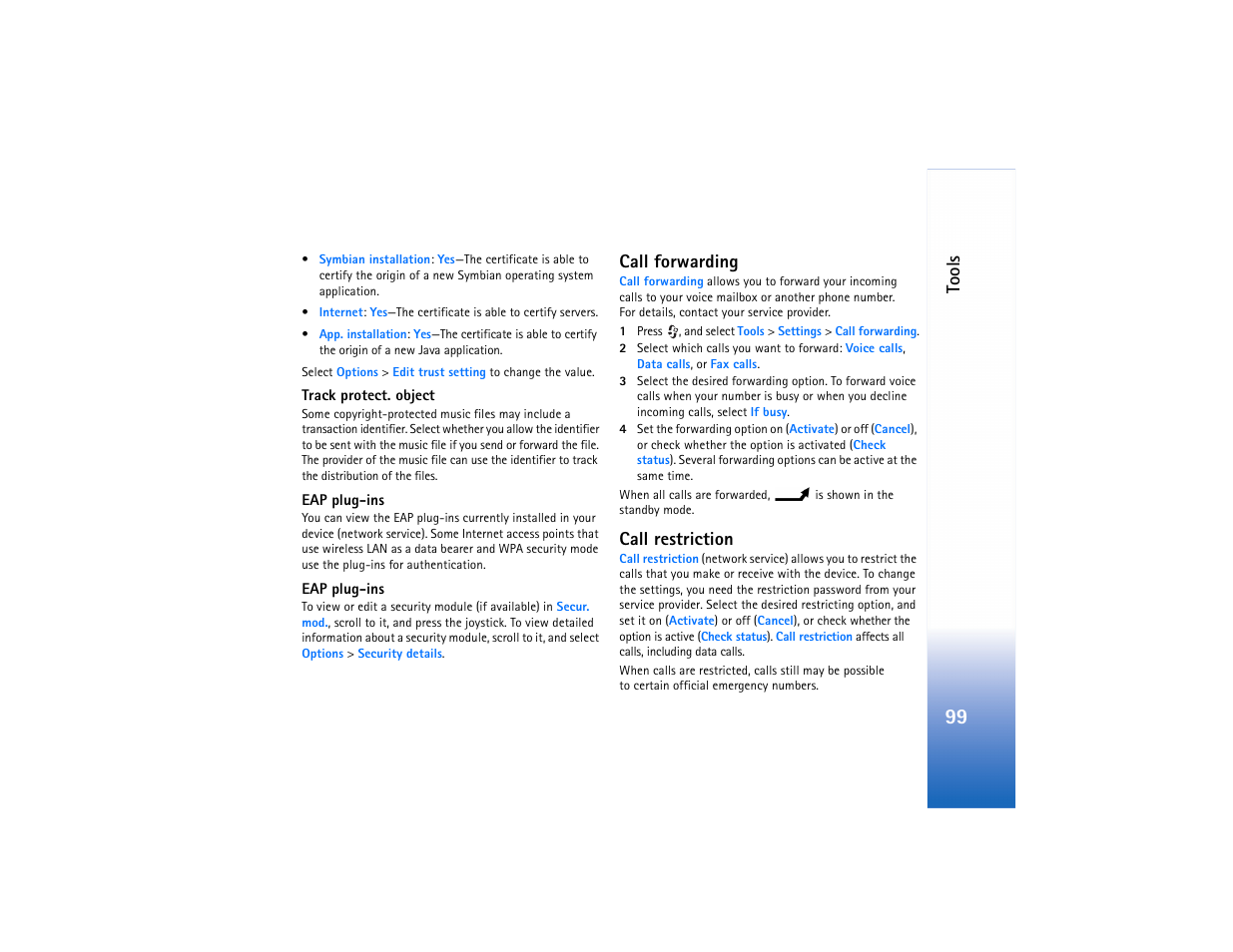 Call forwarding, Call restriction, Call forwarding call restriction | Tools | Nokia N91 User Manual | Page 100 / 257
