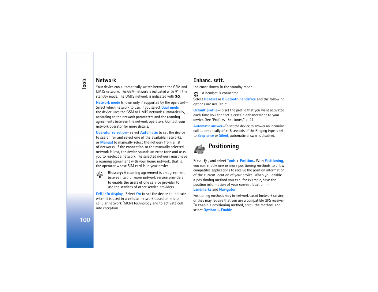 Network, Enhanc. sett, Positioning | Network enhanc. sett, Network,” p. 100, Tools | Nokia N91 User Manual | Page 101 / 257