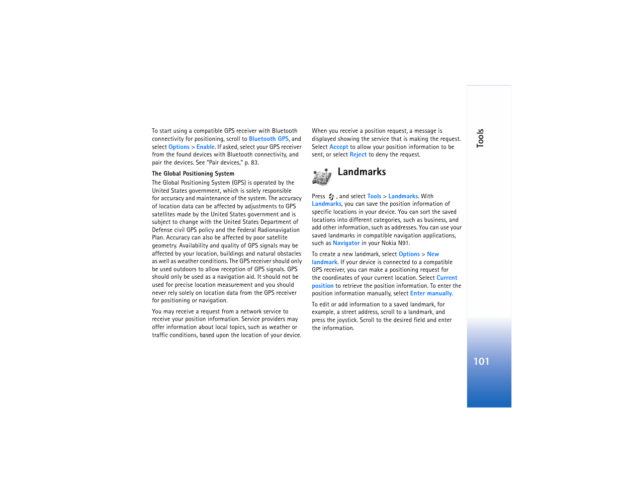 Landmarks, Tools | Nokia N91 User Manual | Page 102 / 257