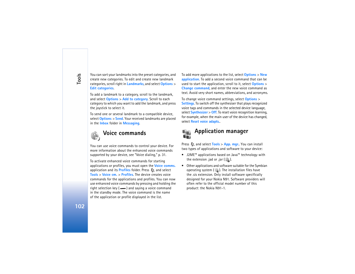 Voice commands, Application manager, Voice commands application manager | Tools | Nokia N91 User Manual | Page 103 / 257