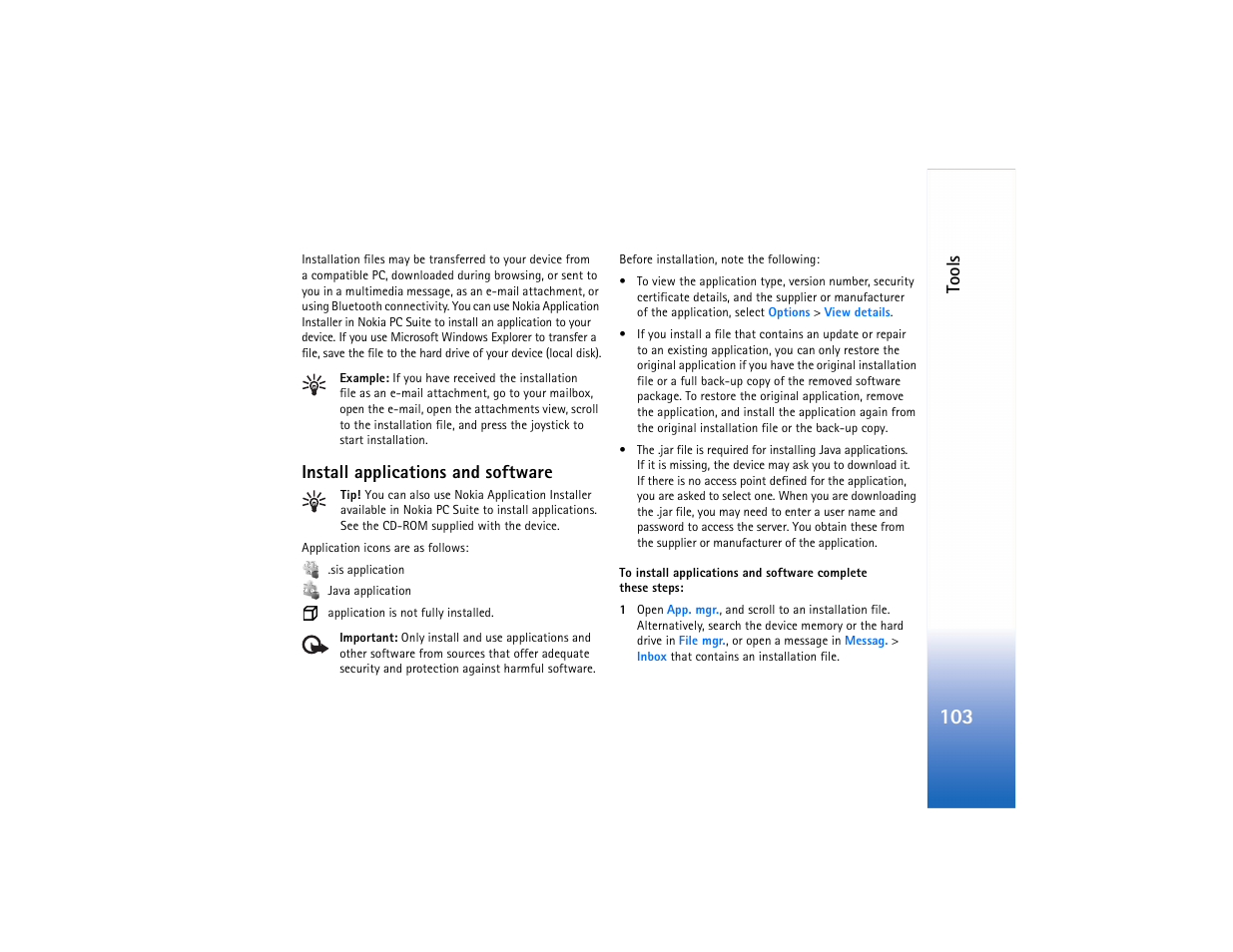 Install applications and software, Tools | Nokia N91 User Manual | Page 104 / 257