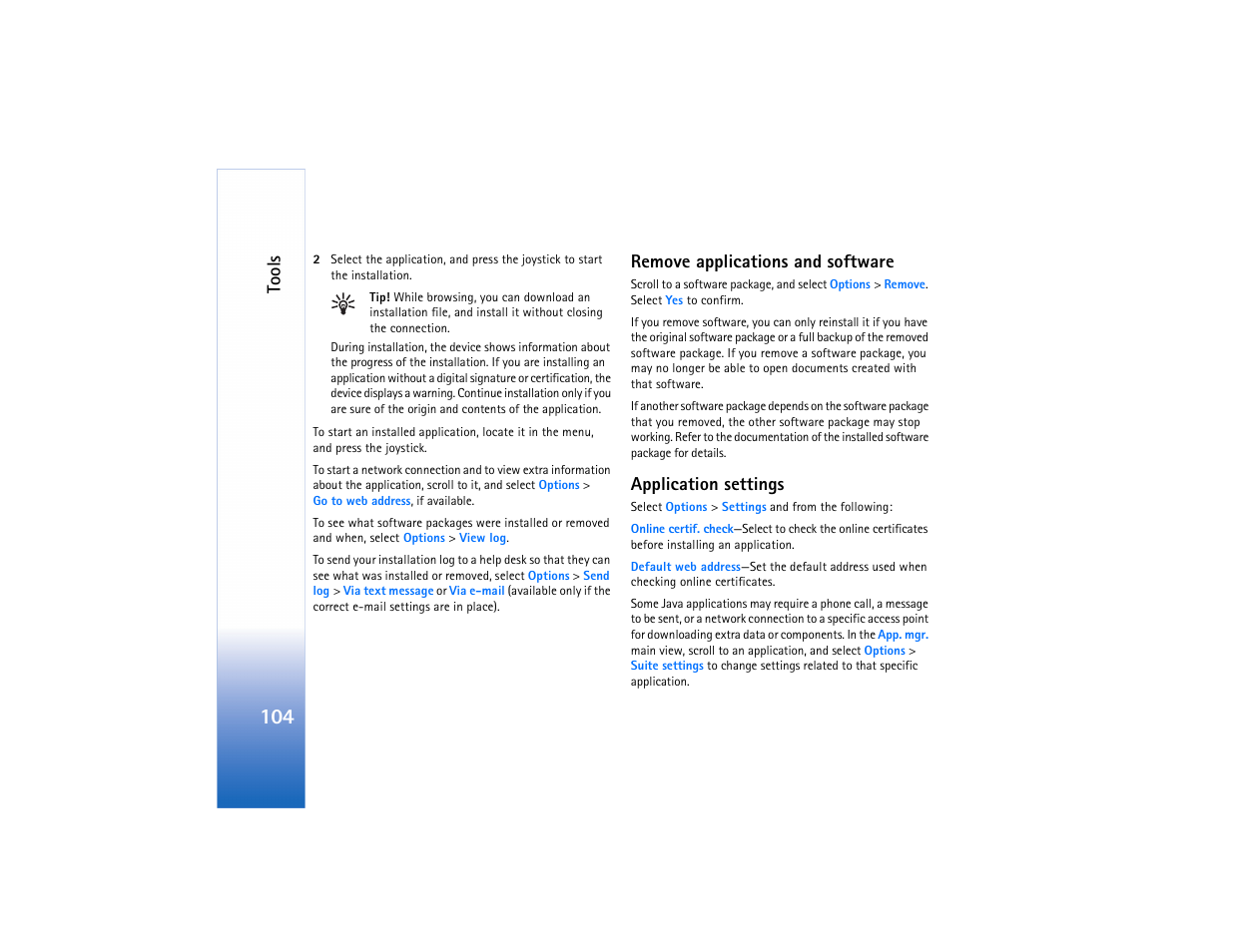 Remove applications and software, Application settings, Tools | Nokia N91 User Manual | Page 105 / 257