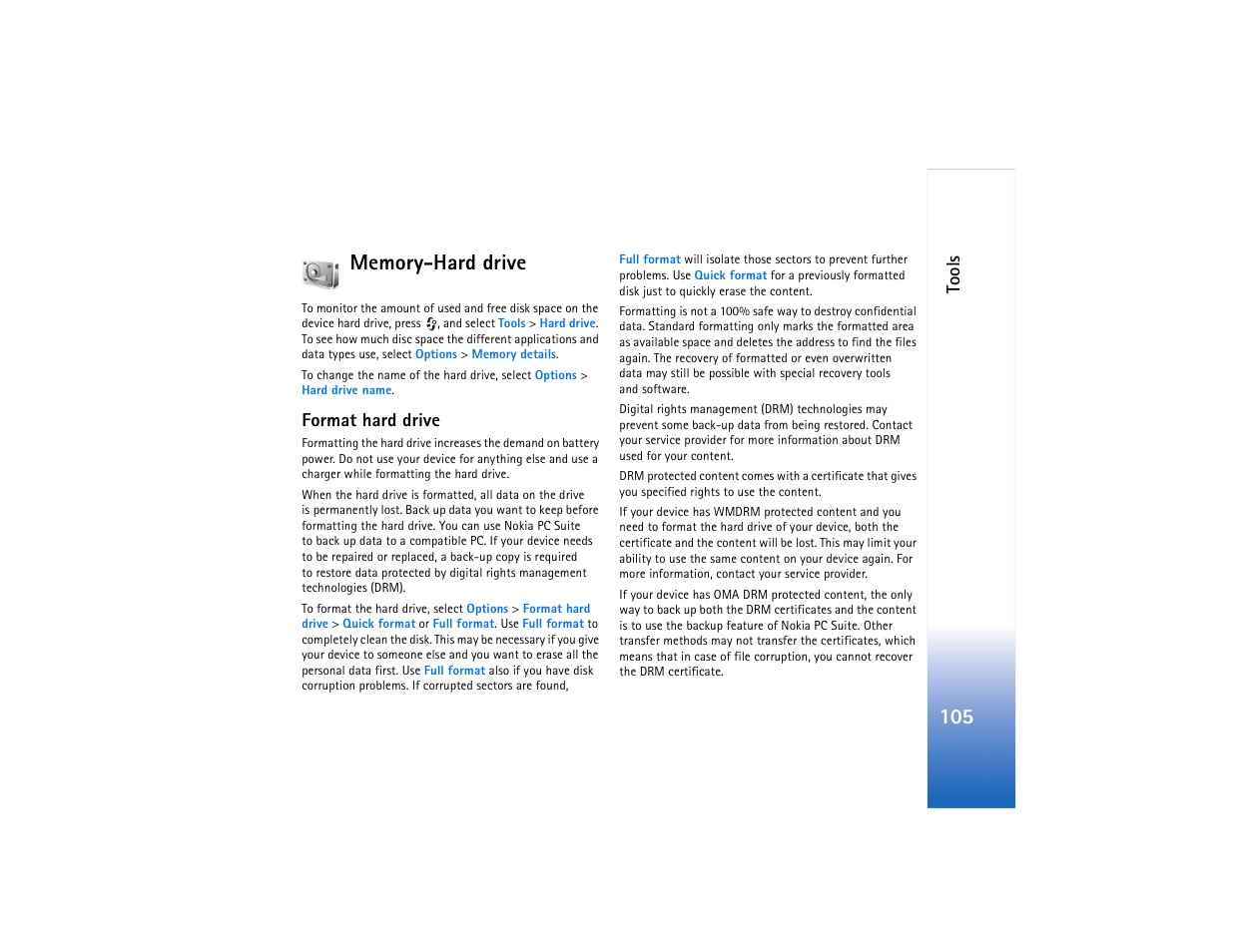 Memory-hard drive, Format hard drive, Tools | Nokia N91 User Manual | Page 106 / 257
