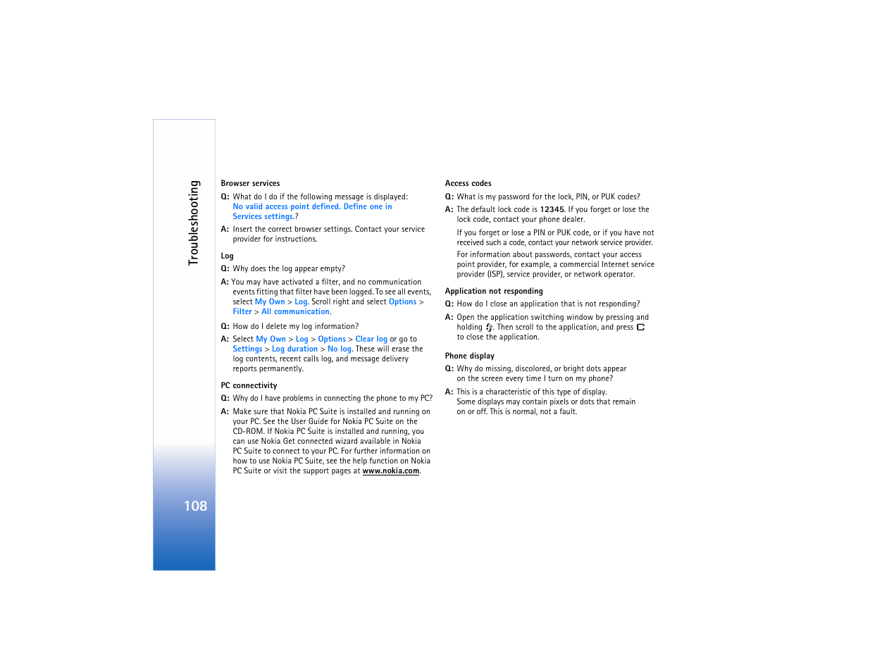 Troubleshooting | Nokia N91 User Manual | Page 109 / 257