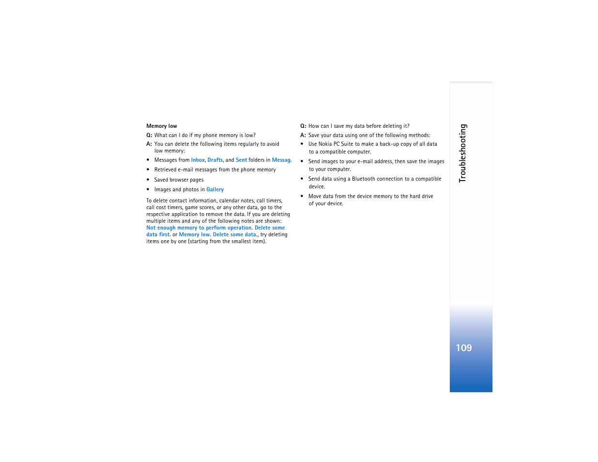 Troubleshooting | Nokia N91 User Manual | Page 110 / 257