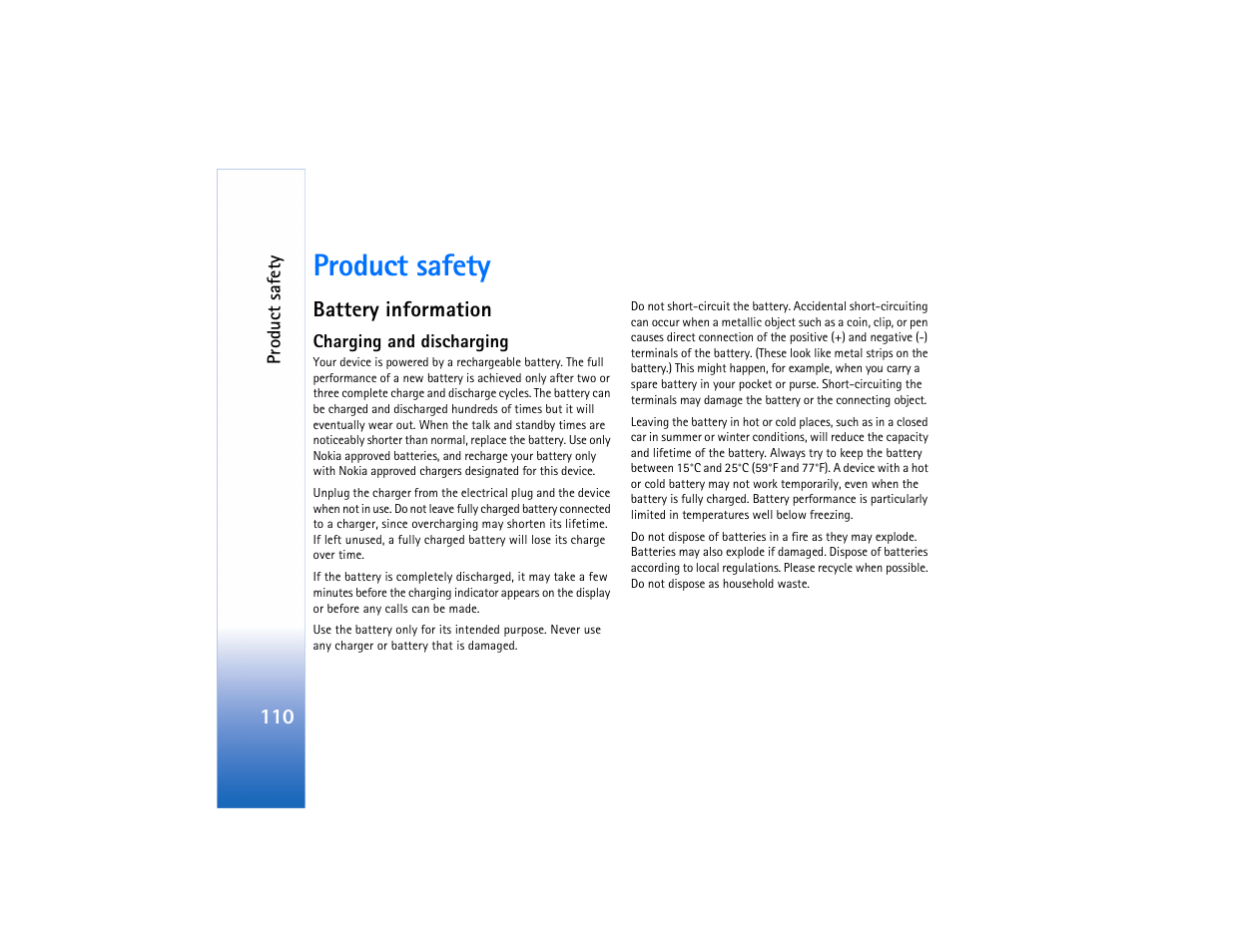 Product safety, Battery information, Charging and discharging | Nokia N91 User Manual | Page 111 / 257