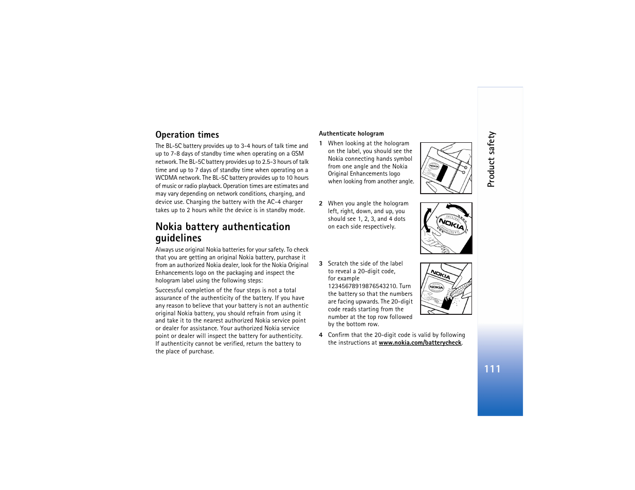 Operation times, Nokia battery authentication guidelines | Nokia N91 User Manual | Page 112 / 257